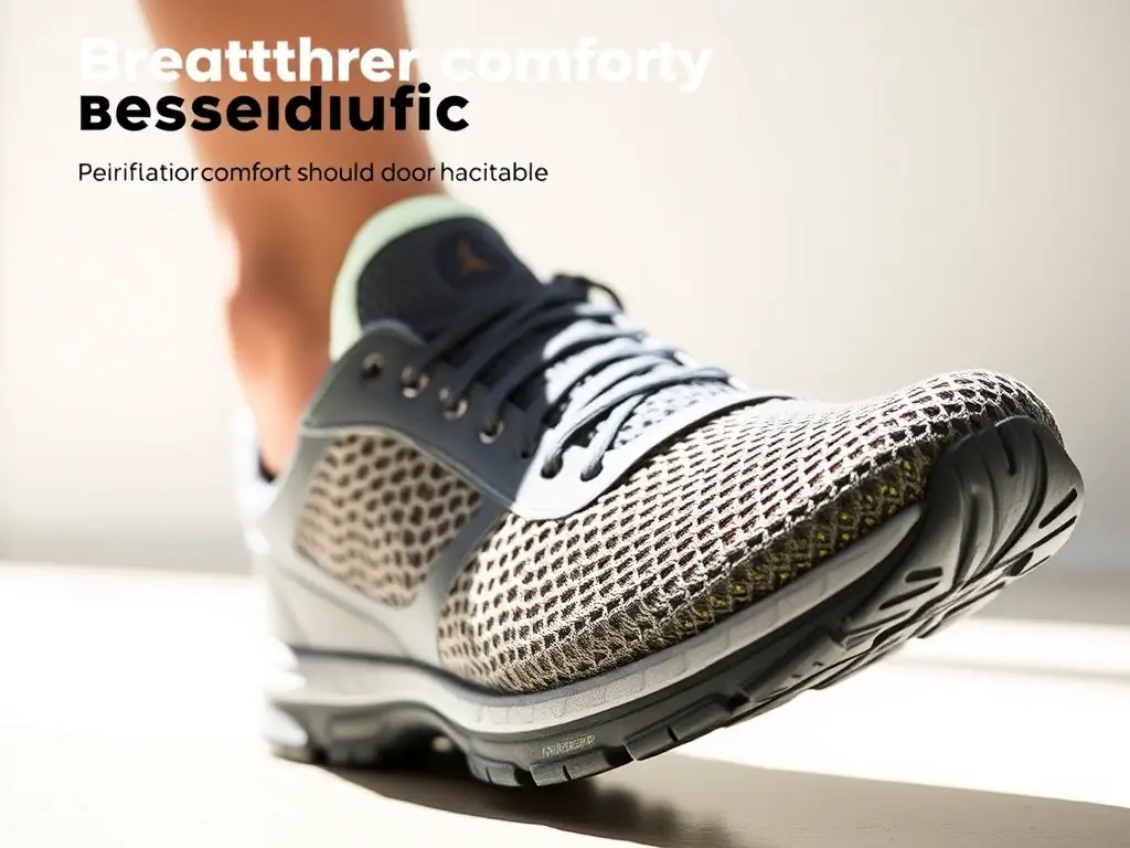 A close-up shot of the Trailblazer Outdoor Lite sneaker, highlighting its breathable mesh upper and durable rubber sole, set against a backdrop of a hiking trail.