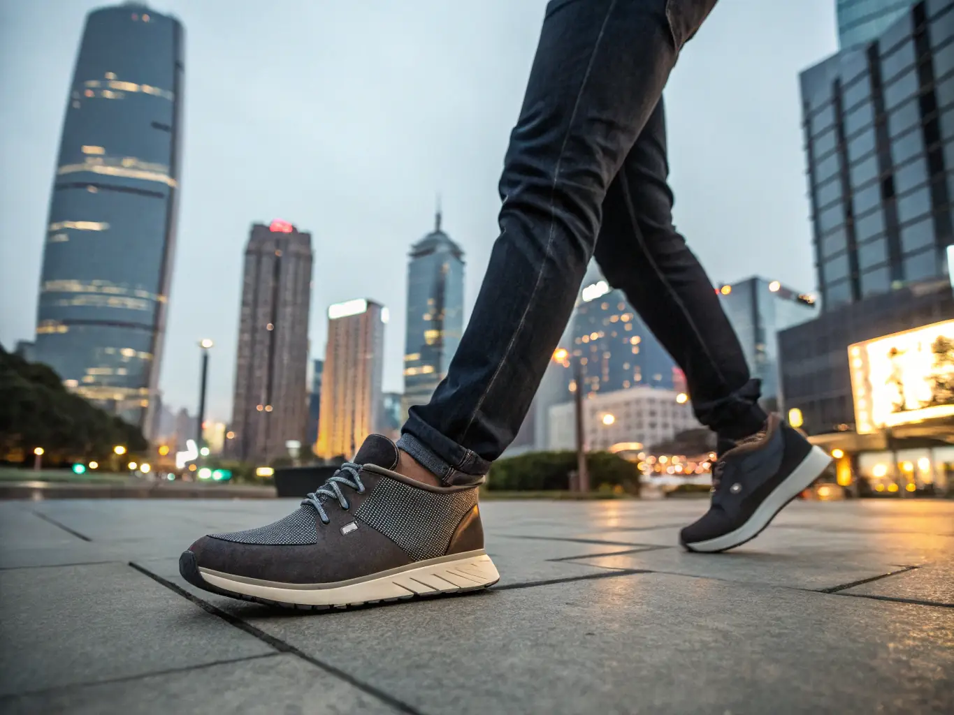 A person walking confidently in an urban setting, wearing Foreverhalo Street Skate shoes. The focus is on the shoe's stylish design and urban appeal.